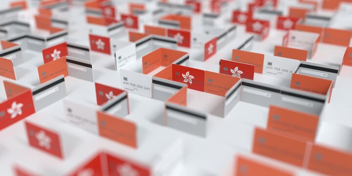 Fictional credit card maze with flag of Hong Kong. Financial difficulties related 3D rendering