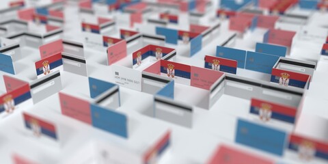 Fictional credit card maze with flag of Serbia. Financial difficulties related 3D rendering