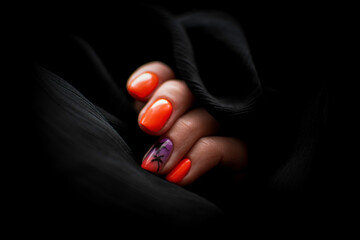 Modern manicure design for summer. Bright orange fingernails with glossy polish. Ombre decoration ideas. Selective focus on the fingers, blurred background.