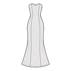 Dress trumpet technical fashion illustration with strapless sweetheart neckline, fitted body, floor maxi length circular skirt. Flat evening apparel front, grey color. Women, men unisex CAD mockup