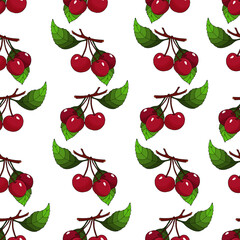 Cherry on a branch with leaves on a white background. Seamless pattern. Vector illustration. For textiles and backgrounds