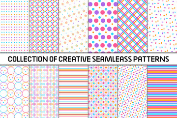 Collection of seamless colorful patterns. Abstract simple backgrounds