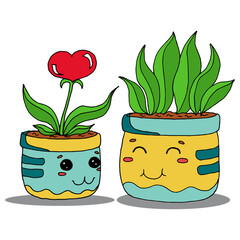 Pots with indoor plants. Cute illustration on the 
topic of warm relations in the family. Vector graphics. For printing on textiles,
backgrounds, and wrapping paper