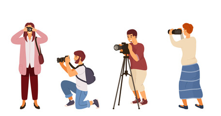 Illustration of men and women holding a camera in various poses.Photographers vector set. Isolated on white background. Vector illustration