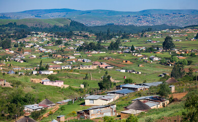 rural area with little agricultural farms and grassland in Kwa Zulu Natal, South Africa, Landscape - obrazy, fototapety, plakaty