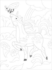 Fototapeta na wymiar Beautiful unicorn Coloring page. Black and white vector illustration for coloring book