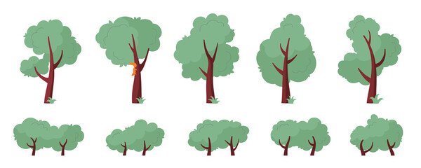 Set of abstract trees and bushes of various shapes. Cartoon tree shape illustration in flat style. Vector illustration
