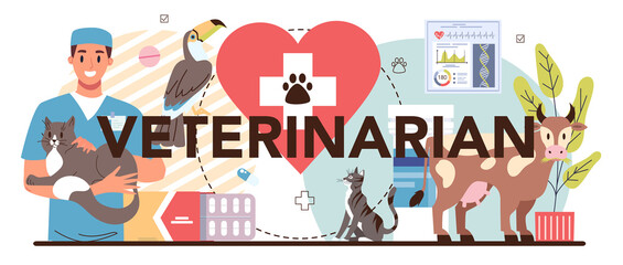 Veterinarian typographic header. Veterinary doctor checking and treating animal