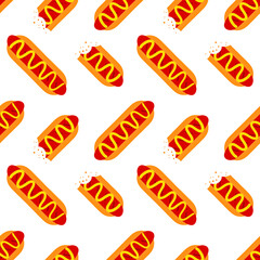 Vector seamless pattern background with cartoon style hot dogs, whole and half-eaten with mustard sauce for fast food design.
