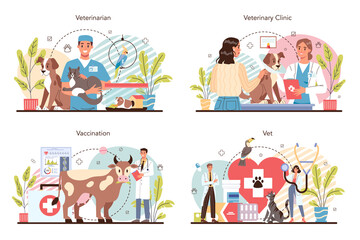Pet veterinarian concept set. Veterinary doctor checking and treating animal.