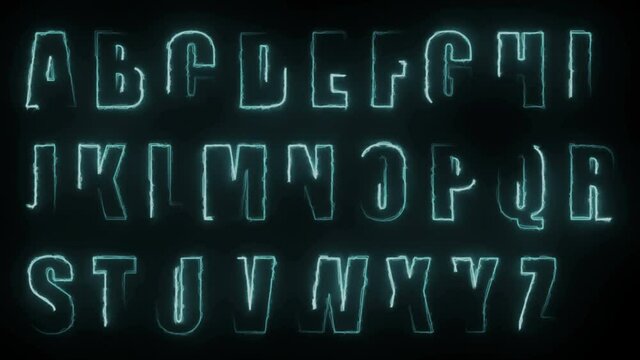 Dynamic glow effects of the contours of the uppercase letters of the English alphabet on a black background. Neon design elements. Looped