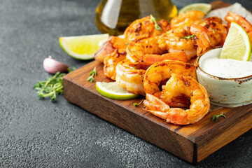 Grilled shrimps or prawns served with lime, garlic and white sauce on a dark concrete background. Seafood
