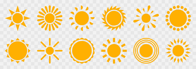 Sun icon set vector.Solar icons.Sun icons vector isolated on transparent background.Sunshine vector sign.Sun simple icons collection.Vector illustration