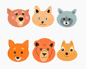 A set of faces of animals such as a bear, raccoon, lion and arcs.