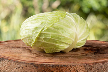 Fresh cabbage isolated on wood on blurred background