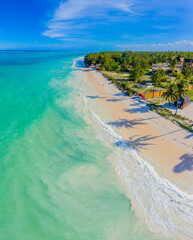 Aerial view of palms on the sandy beach of Indian Ocean at sunny day. Summer holiday in Zanzibar, Africa. Tropical landscape with palm trees, white sand, blue water, hotels. Top view of sea coast - obrazy, fototapety, plakaty
