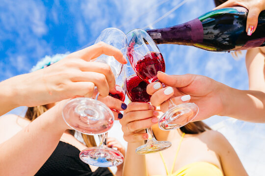 happy girls celebrating a bachelorette party of bride. drinking