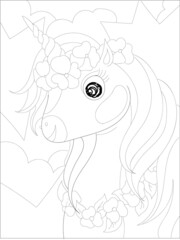 Beautiful unicorn Coloring page. Black and white vector illustration for coloring book