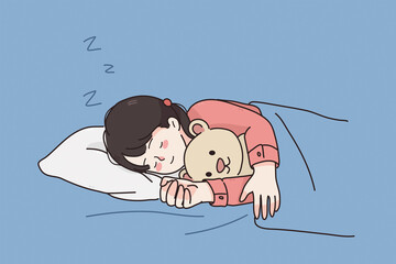 Comfortable rest sleep during night concept. Little girl cartoon character child sleeping with eyes closed on bed with her teddy bear toy hugging it feeling relaxed and comfortable vector illustration