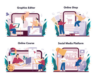 Illustration designer online service or platform set. Artist drawing picture