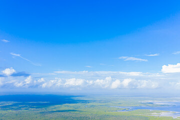 Aerial view sky. Blue water background. Dramatic colors photo.