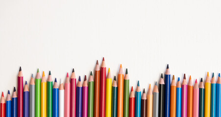 Colouring pencils isolated on white background close up concept with copy space for text