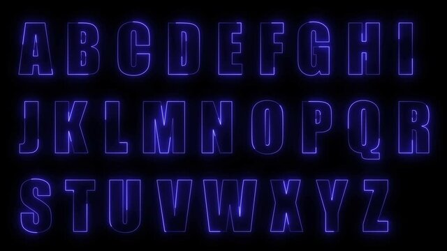 Dynamic glow effects of the contours of the uppercase letters of the English alphabet on a black background. Neon design elements. Looped