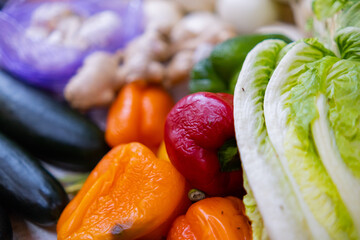 Close-up of colorful bell peppers, lettuce, cucumbers, and more