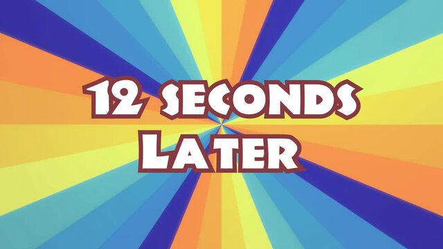 A collection of funny colorful time cards, retro pastel cartoon style. Texts like Zero seconds later, 12:00 AM.
