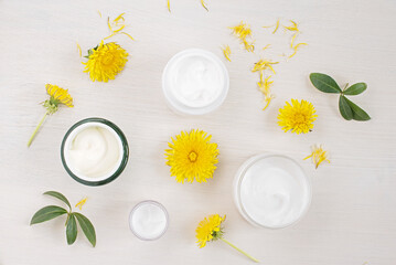 Fototapeta na wymiar Organic cosmetics with fresh yellow dandelion flowers. Herbal cosmetics, natural eco beauty skin care products, healthy lifestyle concept.