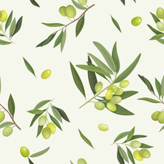 Vector illustration of olive branches seamless pattern. Packaging, wrapper or fabric with olive ornament on a light background