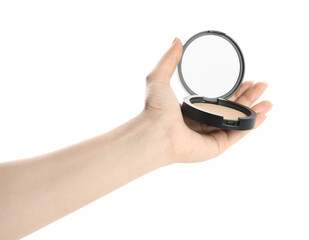 Woman holding black pocket powder with mirror on white background, closeup. Cosmetic product