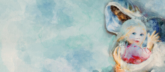 Jesus with a child. Watercolor christian background