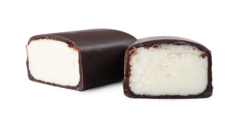 Delicious cut glazed cheese on white background