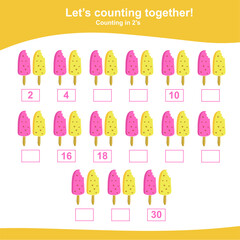 Counting the ice cream game for Preschool Children. This worksheet is suitable for educating early age children to count multiples of two. Educational printable math worksheet. Additional puzzles