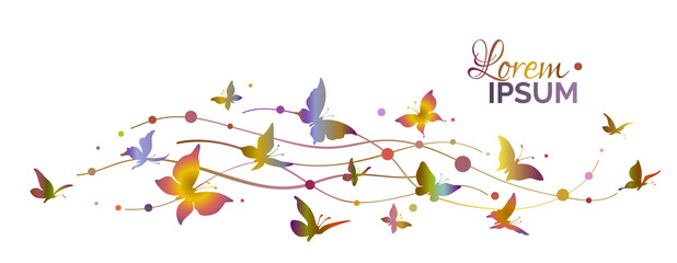 Colored butterfly wave. Decorative flock of colorful butterflies. Logo design template.