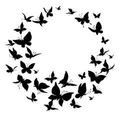 Silhouettes of butterflies flying in a circle. Frame with butterflies.