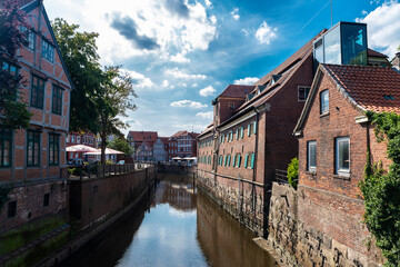 Fototapeta na wymiar Medieval houses by the canal in Stade, Germany