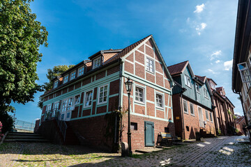 Street with medieval houses in Stade, Germany