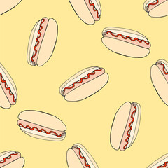 Vector seamless hot dog pattern. Pattern of street food fast food Sausage in a bun with ketchup, red sauce hand-drawn in sketch style black outline, randomly placed on a yellow background for a design