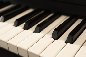 Modern piano with black and white keys, closeup