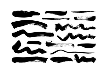 Black paint wavy and straight brush strokes vector collection. Dirty curved lines and wavy brushstrokes. Ink illustration isolated on white background. Modern grunge brush lines. Calligraphy smears.