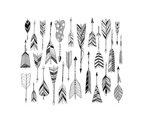 Arrow set in Native American Indian style. Vector tribal illustration. Set of ethnic arrows with different tips and plumage isolated on white background. Hand drawn decorative black symbols. 