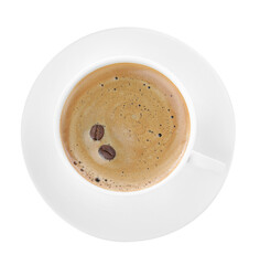 Cup of aromatic coffee with beans isolated on white, top view