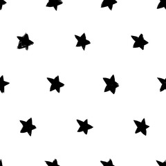 Modern geometric star seamless pattern. Hand drawn vector black ink illustration. Black and white grunge backdrop. Monochrome textured star wallpaper. Abstract geometric shape texture.