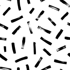 Messy linear brush strokes vector seamless pattern. Black paint freehand scribbles, straight lines, dry brush stroke texture. Chaotic rough smears. Black and white hand drawn grunge texture.