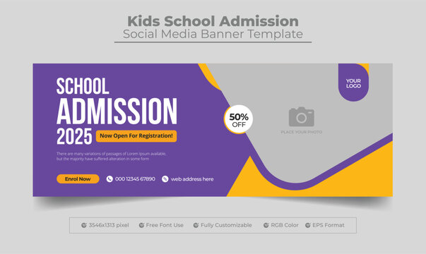 Kids school admission facebook cover photo and web banner template