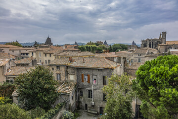 Fototapeta na wymiar Top view of medieval city of Carcassonne. Carcassonne, Aude Department, region of Occitanie, France.