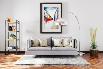 stylish minimalistic living room interior with scandinavian and industrial style decor; grey vintage sofa; large colorful watercolor painting on the wall; 3D Illustration