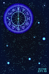 Blue and Pink Round Frame with Zodiac Signs. Horoscope Symbol. Panoramic Sky Map of Hemisphere. Glowing Constellations on Starry Night Background. Vector Illustration